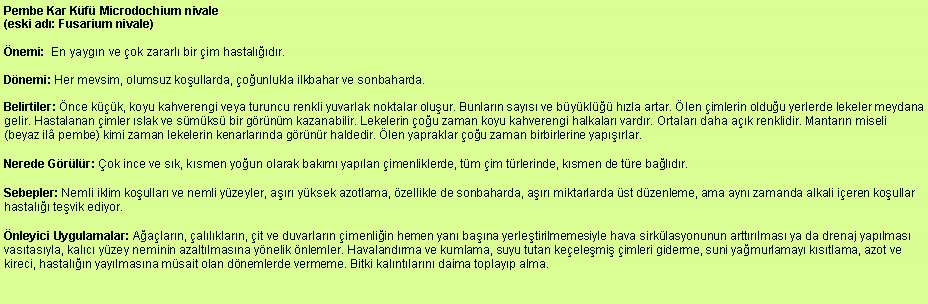 Metin Kutusu: Pembe Kar Kf Microdochium nivale
(eski ad: Fusarium nivale)nemi:  En yaygn ve ok zararl bir im hastaldr. Dnemi: Her mevsim, olumsuz koullarda, ounlukla ilkbahar ve sonbaharda. Belirtiler: nce kk, koyu kahverengi veya turuncu renkli yuvarlak noktalar oluur. Bunlarn says ve bykl hzla artar. len imlerin olduu yerlerde lekeler meydana gelir. Hastalanan imler slak ve smks bir grnm kazanabilir. Lekelerin ou zaman koyu kahverengi halkalar vardr. Ortalar daha ak renklidir. Mantarn miseli (beyaz il pembe) kimi zaman lekelerin kenarlarnda grnr haldedir. len yapraklar ou zaman birbirlerine yaprlar. Nerede Grlr: ok ince ve sk, ksmen youn olarak bakm yaplan imenliklerde, tm im trlerinde, ksmen de tre baldr. Sebepler: Nemli iklim koullar ve nemli yzeyler, ar yksek azotlama, zellikle de sonbaharda, ar miktarlarda st dzenleme, ama ayn zamanda alkali ieren koullar hastal tevik ediyor. nleyici Uygulamalar: Aalarn, allklarn, it ve duvarlarn imenliin hemen yan bana yerletirilmemesiyle hava sirklasyonunun arttrlmas ya da drenaj yaplmas vastasyla, kalc yzey neminin azaltlmasna ynelik nlemler. Havalandrma ve kumlama, suyu tutan keelemi imleri giderme, suni yamurlamay kstlama, azot ve kireci, hastaln yaylmasna msait olan dnemlerde vermeme. Bitki kalntlarn daima toplayp alma.