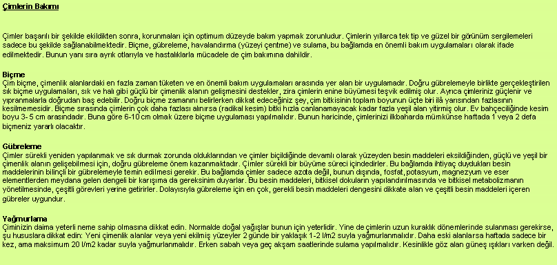 Metin Kutusu: imlerin Bakm
imler baarl bir ekilde ekildikten sonra, korunmalar iin optimum dzeyde bakm yapmak zorunludur. imlerin yllarca tek tip ve gzel bir grnm sergilemeleri sadece bu ekilde salanabilmektedir. Bime, gbreleme, havalandrma (yzeyi entme) ve sulama, bu balamda en nemli bakm uygulamalar olarak ifade edilmektedir. Bunun yan sra ayrk otlaryla ve hastalklarla mcadele de im bakmna dahildir.Bime
im bime, imenlik alanlardaki en fazla zaman tketen ve en nemli bakm uygulamalar arasnda yer alan bir uygulamadr. Doru gbrelemeyle birlikte gerekletirilen sk bime uygulamalar, sk ve hal gibi gl bir imenlik alann gelimesini destekler, zira imlerin enine bymesi tevik edilmi olur. Ayrca imleriniz glenir ve ypranmalarla dorudan ba edebilir. Doru bime zamann belirlerken dikkat edeceiniz ey, im bitkisinin toplam boyunun te biri il yarsndan fazlasnn kesilmemesidir. Bime srasnda imlerin ok daha fazlas alnrsa (radikal kesim) bitki hzla canlanamayacak kadar fazla yeil alan yitirmi olur. Ev baheciliinde kesim boyu 3- 5 cm arasndadr. Buna gre 6-10 cm olmak zere bime uygulamas yaplmaldr. Bunun haricinde, imlerinizi ilkbaharda mmknse haftada 1 veya 2 defa bimeniz yararl olacaktr.Gbreleme
imler srekli yeniden yaplanmak ve sk durmak zorunda olduklarndan ve imler biildiinde devaml olarak yzeyden besin maddeleri eksildiinden, gl ve yeil bir imenlik alann geliebilmesi iin, doru gbreleme nem kazanmaktadr. imler srekli bir byme sreci iindedirler. Bu balamda ihtiya duyduklar besin maddelerinin bilinli bir gbrelemeyle temin edilmesi gerekir. Bu balamda imler sadece azota deil, bunun dnda, fosfat, potasyum, magnezyum ve eser elementlerden meydana gelen dengeli bir karma da gereksinim duyarlar. Bu besin maddeleri, bitkisel dokularn yaplandrlmasnda ve bitkisel metabolizmann ynetilmesinde, eitli grevleri yerine getirirler. Dolaysyla gbreleme iin en ok, gerekli besin maddeleri dengesini dikkate alan ve eitli besin maddeleri ieren gbreler uygundur.Yamurlama
iminizin daima yeterli neme sahip olmasna dikkat edin. Normalde doal yalar bunun iin yeterlidir. Yine de imlerin uzun kuraklk dnemlerinde sulanmas gerekirse, u hususlara dikkat edin: Yeni imenlik alanlar veya yeni ekilmi yzeyler 2 gnde bir yaklak 1-2 l/m2 suyla yamurlanmaldr. Daha eski alanlarsa haftada sadece bir kez, ama maksimum 20 l/m2 kadar suyla yamurlanmaldr. Erken sabah veya ge akam saatlerinde sulama yaplmaldr. Kesinlikle gz alan gne klar varken deil.