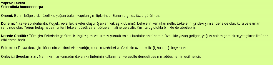 Metin Kutusu: Yaprak Lekesi
Sclerotinia homoeocarpa nemi: Belirli blgelerde, zellikle youn bakm yaplan im tiplerinde. Bunun dnda fazla grlmez.Dnemi: Yaz ve sonbaharda. Kk, yuvarlak lekeler oluur (aplar yaklak 50 mm). Lekelerin kenarlar nettir. Lekelerin iindeki imler genelde lr, kuru ve saman renginde olur. Youn bulamada mnferit lekeler byk zarar blgeleri haline gelebilir. Krmz ululukla birlikte de grlebilir.  Nerede Grlr: Tm im trlerinde grlebilir. ngiliz imi ve krmz yumak en sk hastalanan trlerdir. zellikle yava gelien, youn bakm gerektiren,yetitirmelik trler etkilenmektedir. Sebepler: Dayanksz im trlerinin ve cinslerinin varl, besin maddeleri ve zellikle azot eksiklii, hastal tevik eder. nleyici Uygulamalar: Narin krmz yuman dayankl trlerinin kullanlmal ve azotlu dengeli besin maddesi temin edilmelidir. 