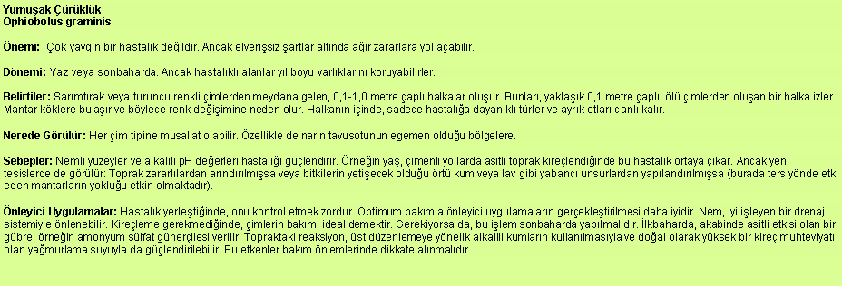 Metin Kutusu: Yumuak rklk
Ophiobolus graminis nemi:  ok yaygn bir hastalk deildir. Ancak elverisiz artlar altnda ar zararlara yol aabilir. Dnemi: Yaz veya sonbaharda. Ancak hastalkl alanlar yl boyu varlklarn koruyabilirler. Belirtiler: Sarmtrak veya turuncu renkli imlerden meydana gelen, 0,1-1,0 metre apl halkalar oluur. Bunlar, yaklak 0,1 metre apl, l imlerden oluan bir halka izler. Mantar kklere bular ve bylece renk deiimine neden olur. Halkann iinde, sadece hastala dayankl trler ve ayrk otlar canl kalr. Nerede Grlr: Her im tipine musallat olabilir. zellikle de narin tavusotunun egemen olduu blgelere. Sebepler: Nemli yzeyler ve alkalili pH deerleri hastal glendirir. rnein ya, imenli yollarda asitli toprak kirelendiinde bu hastalk ortaya kar. Ancak yeni tesislerde de grlr: Toprak zararllardan arndrlmsa veya bitkilerin yetiecek olduu rt kum veya lav gibi yabanc unsurlardan yaplandrlmsa (burada ters ynde etki eden mantarlarn yokluu etkin olmaktadr). nleyici Uygulamalar: Hastalk yerletiinde, onu kontrol etmek zordur. Optimum bakmla nleyici uygulamalarn gerekletirilmesi daha iyidir. Nem, iyi ileyen bir drenaj sistemiyle nlenebilir. Kireleme gerekmediinde, imlerin bakm ideal demektir. Gerekiyorsa da, bu ilem sonbaharda yaplmaldr. lkbaharda, akabinde asitli etkisi olan bir gbre, rnein amonyum slfat gherilesi verilir. Topraktaki reaksiyon, st dzenlemeye ynelik alkalili kumlarn kullanlmasyla ve doal olarak yksek bir kire muhteviyat olan yamurlama suyuyla da glendirilebilir. Bu etkenler bakm nlemlerinde dikkate alnmaldr. 