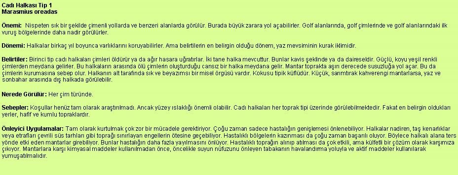 Metin Kutusu: Cad Halkas Tip 1
Marasmius oreadas nemi:  Nispeten sk bir ekilde imenli yollarda ve benzeri alanlarda grlr. Burada byk zarara yol aabilirler. Golf alanlarnda, golf imlerinde ve golf alanlarndaki ilk vuru blgelerinde daha nadir grlrler.Dnemi: Halkalar birka yl boyunca varlklarn koruyabilirler. Ama belirtilerin en belirgin olduu dnem, yaz mevsiminin kurak iklimidir. Belirtiler: Birinci tip cad halkalar imleri ldrr ya da ar hasara uratrlar. ki tane halka mevcuttur. Bunlar kavis eklinde ya da daireseldir. Gl, koyu yeil renkli imlerden meydana gelirler. Bu halkalarn arasnda l imlerin oluturduu cansz bir halka meydana gelir. Mantar toprakta ar derecede susuzlua yol aar. Bu da imlerin kurumasna sebep olur. Halkann alt tarafnda sk ve beyazms bir misel rgs vardr. Kokusu tipik kfldr. Kk, sarmtrak kahverengi mantarlarsa, yaz ve sonbahar arasnda d halkada grlebilir. Nerede Grlr: Her im trnde. Sebepler: Koullar henz tam olarak aratrlmad. Ancak yzey slakl nemli olabilir. Cad halkalar her toprak tipi zerinde grlebilmektedir. Fakat en belirgin olduklar yerler, hafif ve kumlu topraklardr. nleyici Uygulamalar: Tam olarak kurtulmak ok zor bir mcadele gerektiriyor. ou zaman sadece hastaln genilemesi nlenebiliyor. Halkalar nadiren, ta kenarlklar veya etraflar evrili ss tarhlar gibi topra snrlayan engellerin tesine geebiliyor. Hastalkl blgelerin kaznmas da ou zaman baarl oluyor. Bylece halkal alana ters ynde etki eden mantarlar girebiliyor. Bunlar hastaln daha fazla yaylmasn nlyor. Hastalkl topran alnp atlmas da ok etkili, ama klfetli bir zm olarak karmza kyor. Mantarlara kar kimyasal maddeler kullanlmadan nce, ncelikle suyun nfuzunu nleyen tabakann havalandrma yoluyla ve aktif maddeler kullanlarak yumuatlmaldr.