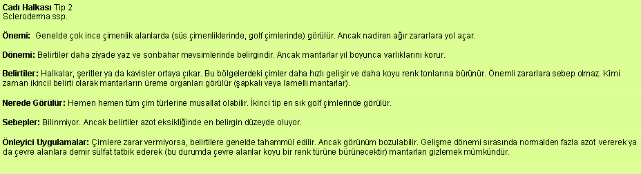 Metin Kutusu: Cad Halkas Tip 2
Scleroderma ssp.nemi:  Genelde ok ince imenlik alanlarda (ss imenliklerinde, golf imlerinde) grlr. Ancak nadiren ar zararlara yol aar.Dnemi: Belirtiler daha ziyade yaz ve sonbahar mevsimlerinde belirgindir. Ancak mantarlar yl boyunca varlklarn korur. Belirtiler: Halkalar, eritler ya da kavisler ortaya kar. Bu blgelerdeki imler daha hzl geliir ve daha koyu renk tonlarna brnr. nemli zararlara sebep olmaz. Kimi zaman ikincil belirti olarak mantarlarn reme organlar grlr (apkal veya lamelli mantarlar). Nerede Grlr: Hemen hemen tm im trlerine musallat olabilir. kinci tip en sk golf imlerinde grlr. Sebepler: Bilinmiyor. Ancak belirtiler azot eksikliinde en belirgin dzeyde oluyor. nleyici Uygulamalar: imlere zarar vermiyorsa, belirtilere genelde tahamml edilir. Ancak grnm bozulabilir. Gelime dnemi srasnda normalden fazla azot vererek ya da evre alanlara demir slfat tatbik ederek (bu durumda evre alanlar koyu bir renk trne brnecektir) mantarlar gizlemek mmkndr.
